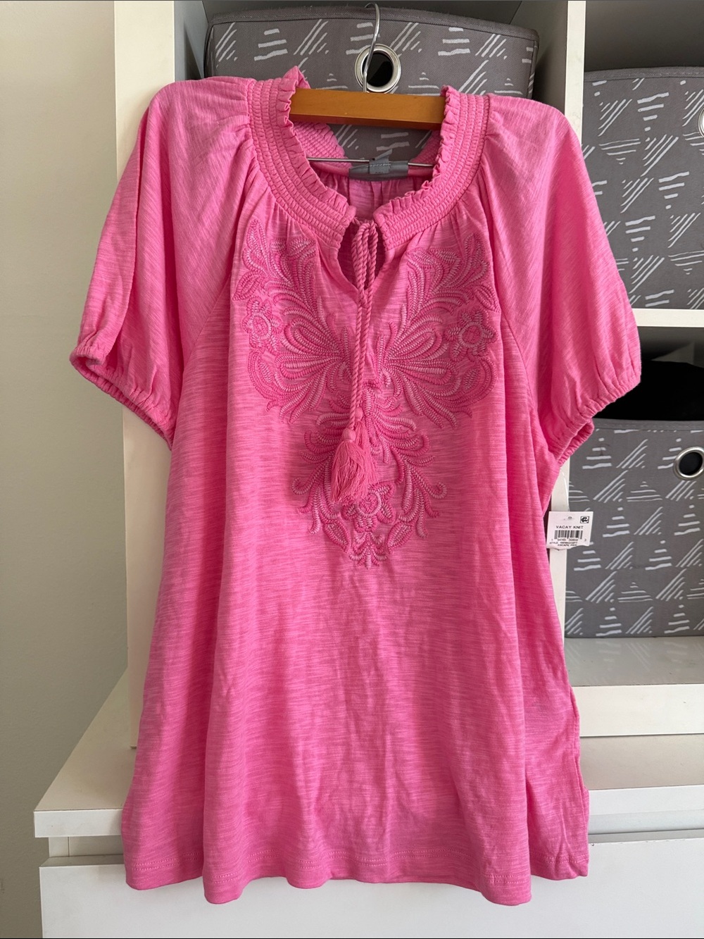 Style & Co. Bright Pink Embroidered Short Sleeve Peasant Top